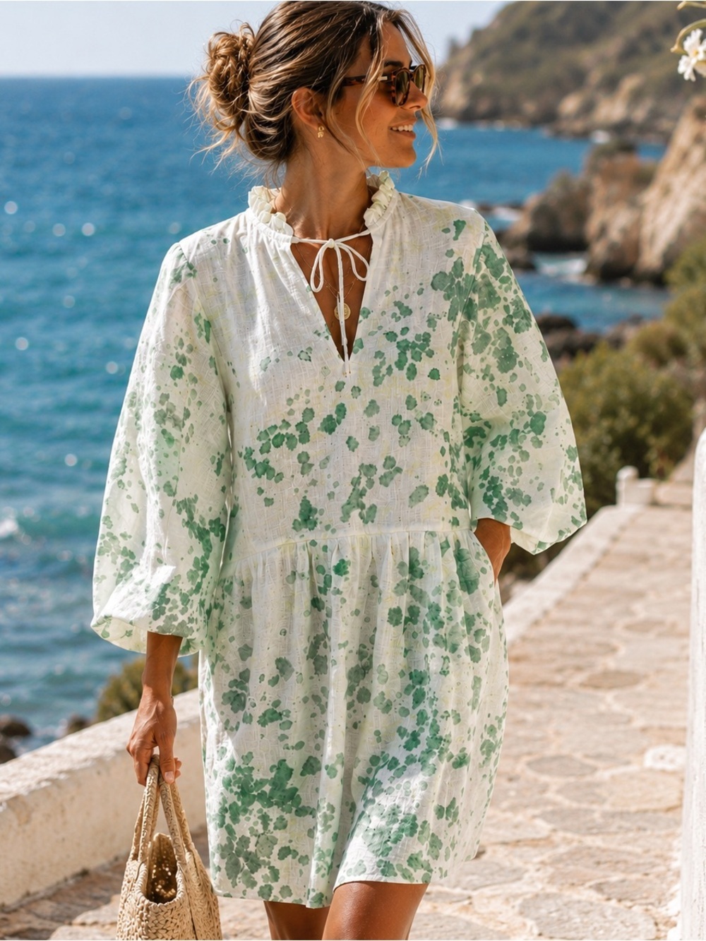 100% Linen Coastal Resort Dress Green Abstract Print Beach Cover Up Size XS NEW